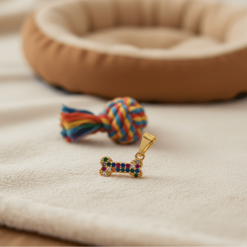 Pingente Minimalista Ossinho Com Pedrinhas Coloridas de Micro Zircônias – Banho Prata 950 e Banho Ouro 18k 🐾✨